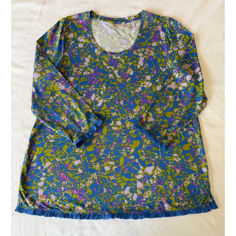 LOGO Lori Goldstein Tunic Top Abstract Floral Blue Lace 3/4 Sleeve Size Medium